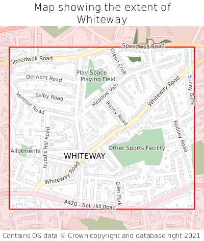 Map showing extent of Whiteway as bounding box