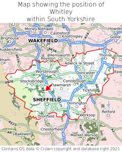 Map showing location of Whitley within South Yorkshire