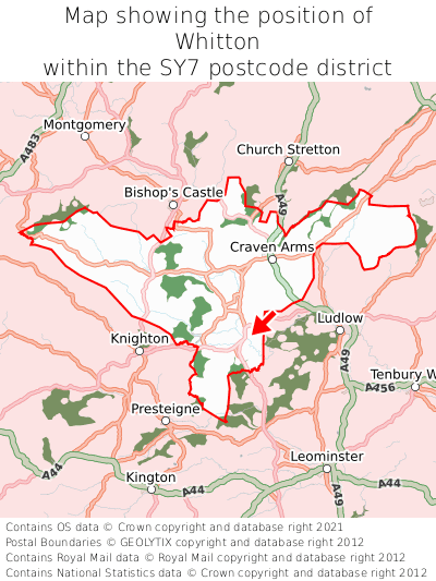 Map showing location of Whitton within SY7