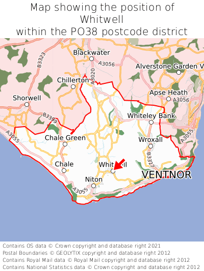 Map showing location of Whitwell within PO38