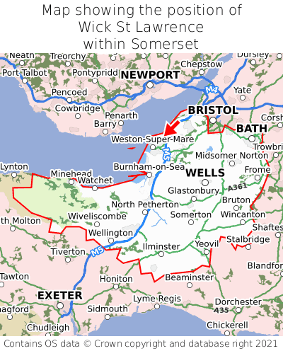 Map showing location of Wick St Lawrence within Somerset