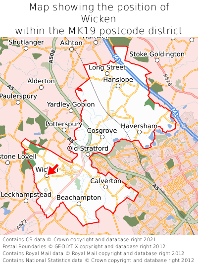 Map showing location of Wicken within MK19