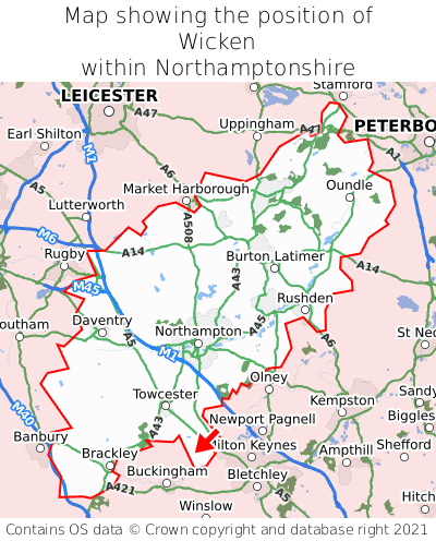 Map showing location of Wicken within Northamptonshire