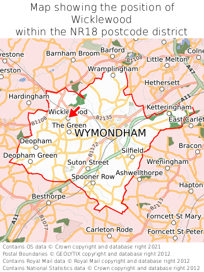 Map showing location of Wicklewood within NR18