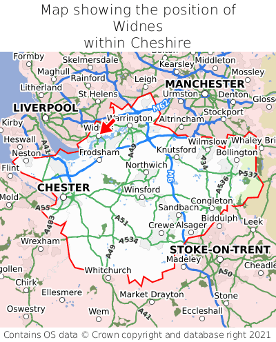 Map showing location of Widnes within Cheshire