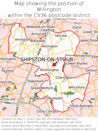 Map showing location of Willington within CV36