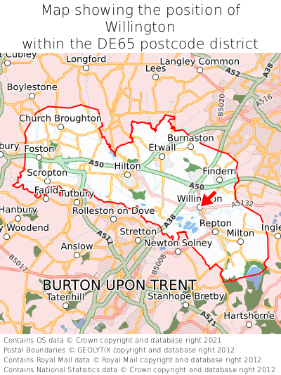 Map showing location of Willington within DE65