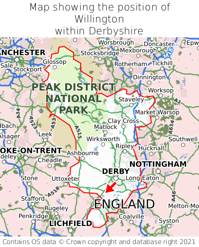 Map showing location of Willington within Derbyshire