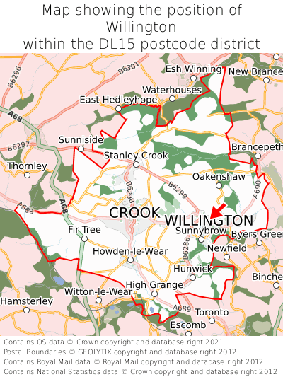 Map showing location of Willington within DL15