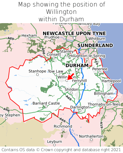 Map showing location of Willington within Durham