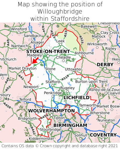 Map showing location of Willoughbridge within Staffordshire