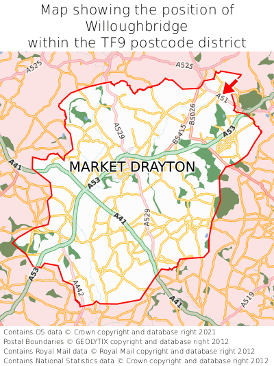 Map showing location of Willoughbridge within TF9