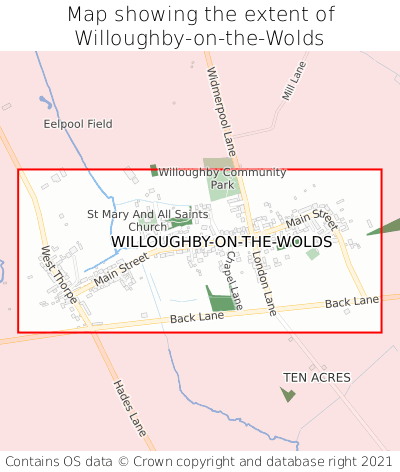 Map showing extent of Willoughby-on-the-Wolds as bounding box