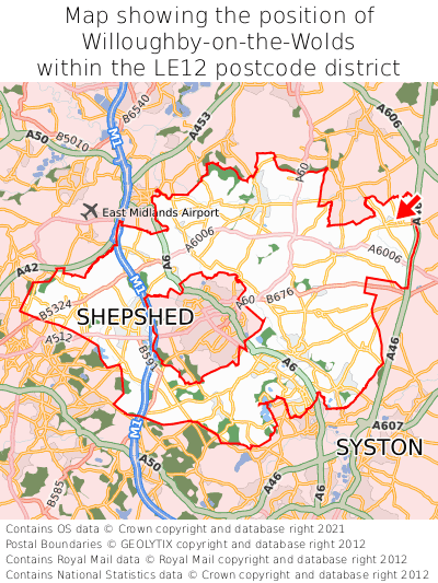 Map showing location of Willoughby-on-the-Wolds within LE12