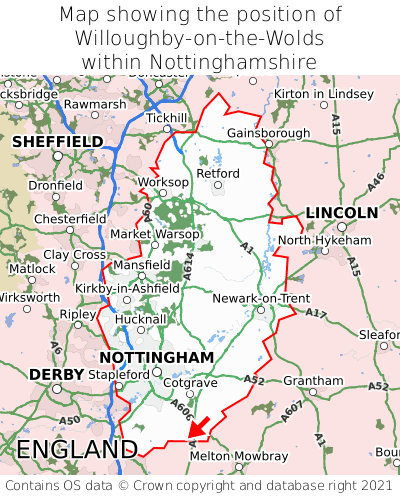 Map showing location of Willoughby-on-the-Wolds within Nottinghamshire