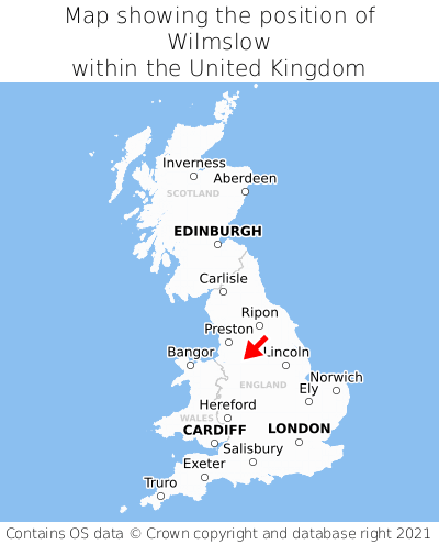 Map showing location of Wilmslow within the UK