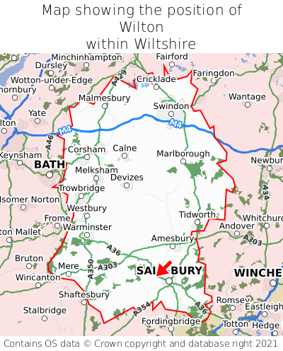 Map showing location of Wilton within Wiltshire