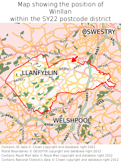 Map showing location of Winllan within SY22