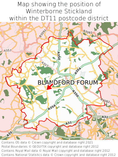Map showing location of Winterborne Stickland within DT11