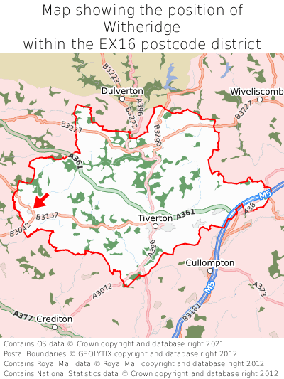 Map showing location of Witheridge within EX16