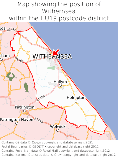 Map showing location of Withernsea within HU19