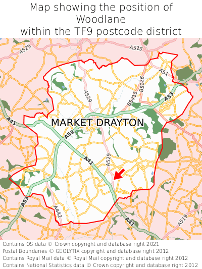 Map showing location of Woodlane within TF9