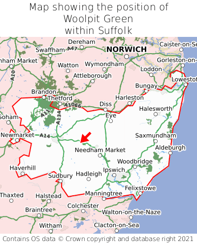 Map showing location of Woolpit Green within Suffolk