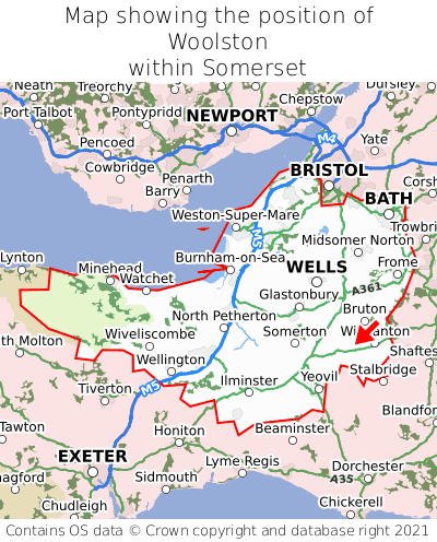 Map showing location of Woolston within Somerset