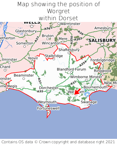 Map showing location of Worgret within Dorset