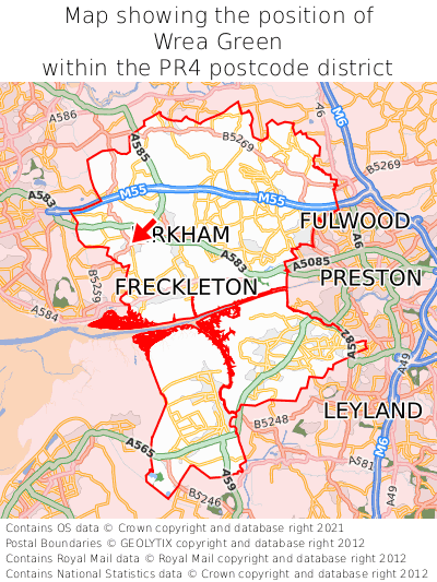 Map showing location of Wrea Green within PR4