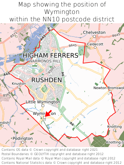 Map showing location of Wymington within NN10