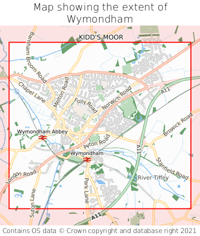 Map showing extent of Wymondham as bounding box