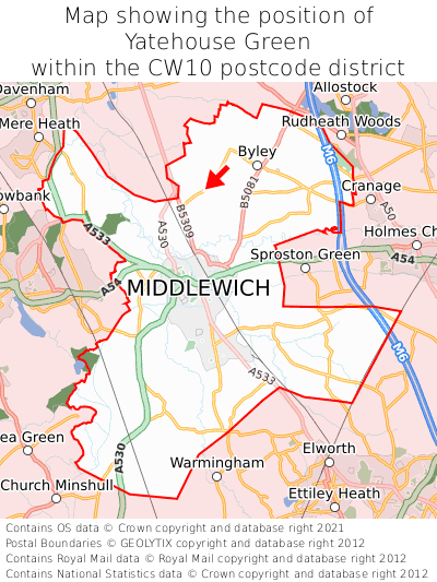 Map showing location of Yatehouse Green within CW10