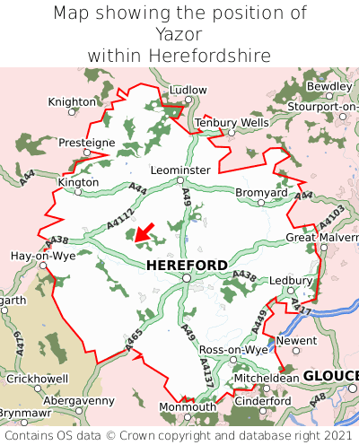 Map showing location of Yazor within Herefordshire