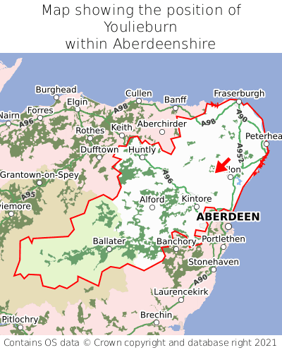 Map showing location of Youlieburn within Aberdeenshire